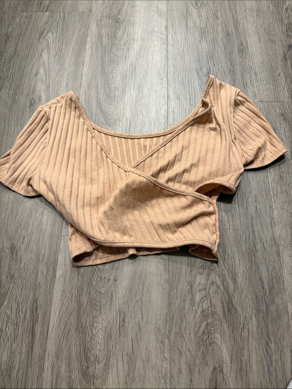Ribbed Faux-Wrap Cropped Top in Beige